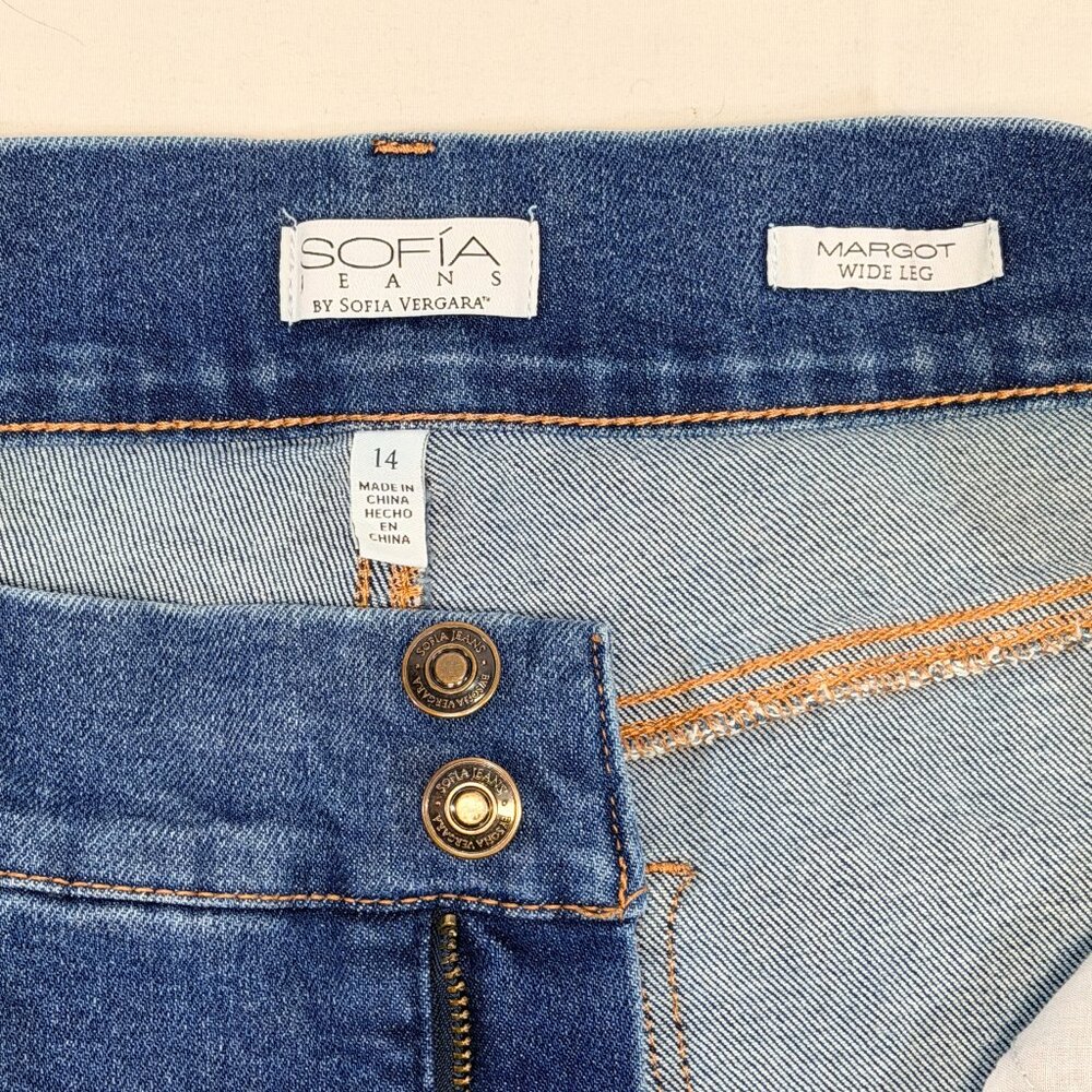 Sofia Vergara Hi Rise Margot Wide Leg Faded Stretch Denim Jeans 14 Medium Wash - Picture 11 of 13